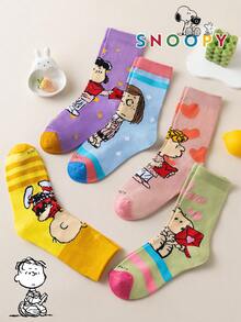 1/5/10 Pairs Snoopy Women's Mid-Calf Socks, Striped Heart Pattern Colorful Fun Autumn/Winter Socks - Multicolor - View 3