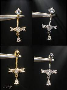 4Pcs Vintage Angel Wing Heart Zirconia Dangle Steel Belly Rings, Belly Piercing, Piercing Nombril, Belly Button Jewelry For Women Concert Evening Wear - Multicolor - View 3