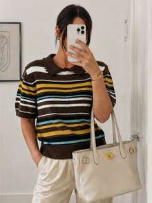 Wixra Women's Scallop Collar Color Stripe Fuzzy Knit Long Sleeve Sweater - Brown - View 1