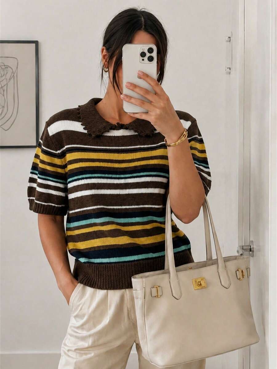 Wixra Women's Scallop Collar Color Stripe Fuzzy Knit Long Sleeve Sweater - Brown - View 1