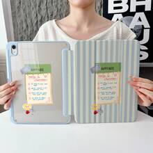1pc Blue & Beige Vertical Striped Happy Note Sticker Collage Print Tablet Protective Case, With Pen Slot, Multi-Angle Magnetic Stand, Supports Auto Sleep/Wake, Compatible With IPad Pro/Air, Pad 5/6/7, MatePad - Multicolor - View 3
