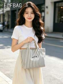 Casual Minimalist Letter Canvas Tote Bag, Striped Pattern Handbag, High Cost-Effective For Outdoor Shopping, Fashion Versatile Suitable For Moms, Students, Office Workers - Grey - View 9