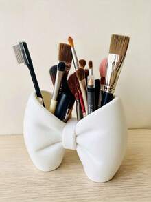 1pc Cute Bow-Shaped Storage Rack, Dual-Compartment Storage Cup, Multi-Functional Bathroom Toothbrush & Toothpaste Holder, Vanity Makeup Brush Holder, Bedroom & Kitchen Countertop Decorative Desktop Pen Holder Storage Box - 1pc Pink - View 7