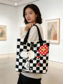 SNOOPY 1件史努比卡通印花大容量帆布托特包，休閒單肩手提包，適合日常通勤與上學，生日、情人節、開學與畢業的理想禮物 - C - 查看 3