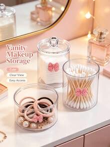 2pcs Pink Bow Print Transparent Plastic Storage Jars With Knob Handle Screw Lid Design, PET Material Transparent Moisture-Proof Dust-Proof Storage Box, Cute Sweet Style Storage Canister, Suitable For Bathroom Cosmetics And Desktop Clutter Storage - View 4