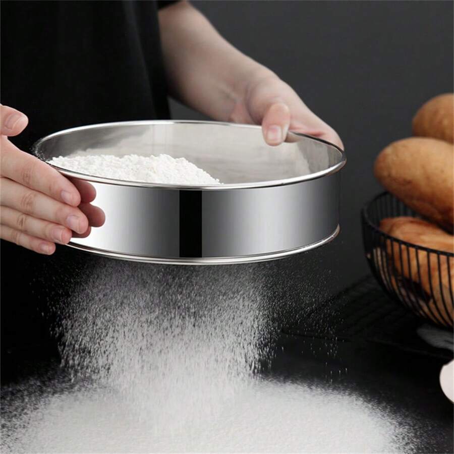 Flour Sifter; Stainless Steel; 40 Mesh; Professional Baking; Fine Mesh; Filter Flour; Powdered Sugar; Cocoa Powder; Making Cakes; Bread Cookies; Pizza; Kitchen DIY; Camping And Picnics; Outdoor Cooking; Family Gatherings; Practical Kitchenware - View 1