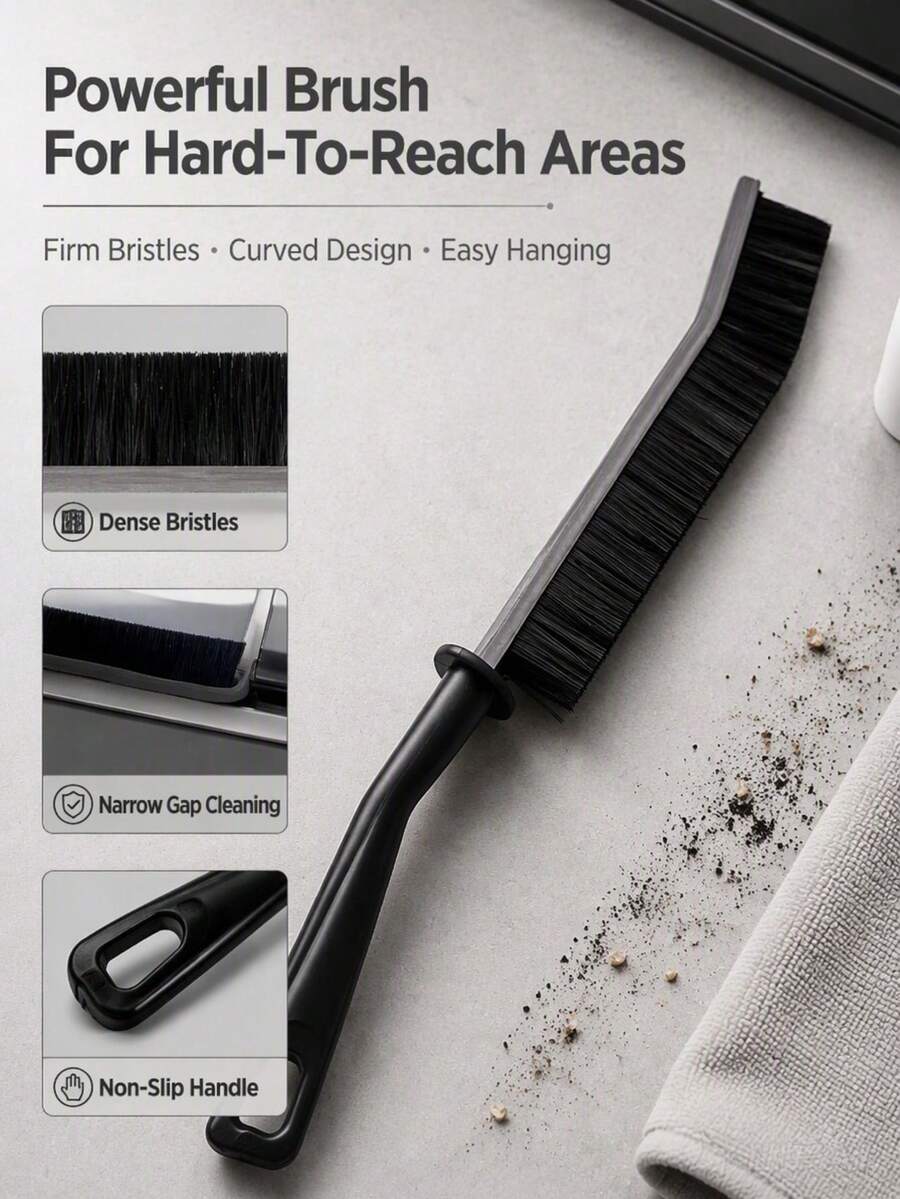 Long Handle Curved Gap Cleaning Brush, Dense Firm Bristles Crevice Dust Brush With Non-Slip Handle, Multi-Purpose Household Cleaner For Window Track, Sofa Gap, Keyboard And Hard-To-Reach Corners - Black - View 1