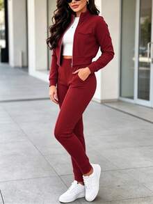 Setelan Wanita 2 Potong Terbaru Musim Semi, Gugur, dan Musim Dingin, Warna Polos Kasual dengan Jaket Pendek Berresleting & Celana Panjang Ketat dengan Pinggang Elastis dan Kantong, Setelan Elegan - Burgundy - View 4