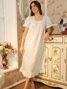 RS Pajama1 Floral Print Bubble Crepe Ruffle Short Sleeve Nightgown With Bow Decor, Square Neck - Baby Blue - View 5
