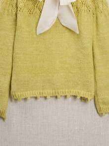 Sweet Bow Hollow Out Pullover Sweater, Long Sleeve Top For Women - Green - View 9