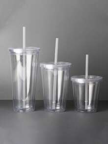 1pc 350ml, 450ml Or 650ml Double Wall Transparent Plastic Straw Cup, Insulated Milk Tea Cup - Clear - View 4