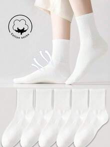 1/3/5/10 Pairs Women's Pure Cotton Mid-Calf Socks, White, Spring/Summer/Autumn, Breathable, Suitable For Casual/Daily/Sports - Multicolor - View 1