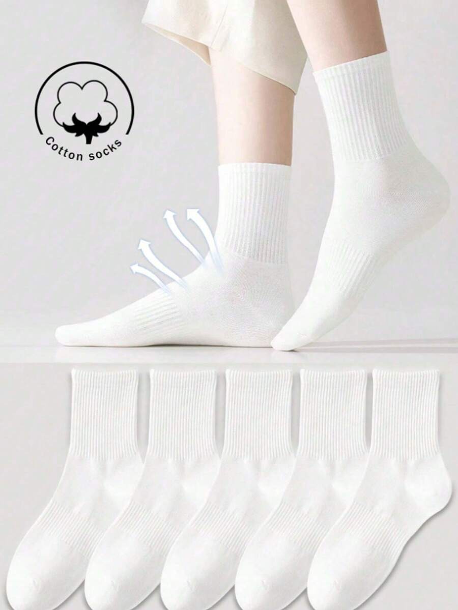 1/3/5/10 Pairs Women's Pure Cotton Mid-Calf Socks, White, Spring/Summer/Autumn, Breathable, Suitable For Casual/Daily/Sports - Multicolor - View 1