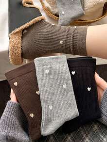 3 Pairs Random Style Women's Mid-Calf Socks, Small Heart Print Preppy Style, Solid Color Minimalist Sweet Daily Warm Socks, Suitable For Winter Snow Boots Matching - Multicolor - View 2