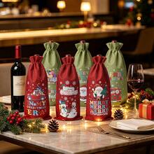 CARRIECUR 6/12/18Pcs Christmas Wine Bottle Gift Bags, Red & Green Linen Drawstring Wine Gift Sacks With Santa Snowman Christmas Tree Pattern, Reusable Xmas Holiday Wine Bottle Wrapping Pouches - Green - View 3