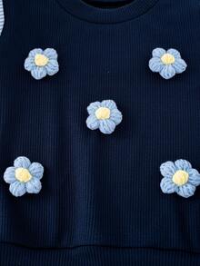Girls' Casual Fashion Solid Color Striped Patchwork 3D Flower Embroidered Long Sleeve Top And Flared Pants 2-Piece Set For Spring And Autumn - Navy Blue - View 8