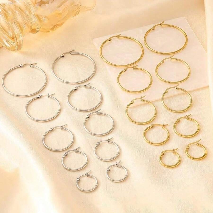 5 Pasang/Set Anting-Anting Unisex Stainless Steel, Set Perhiasan Tindik Telinga, Warna Baja & Warna Emas (2.0*10/15/20/25/30MM) - Anting-anting dengan diameter kawat 2,0 mm - View 1