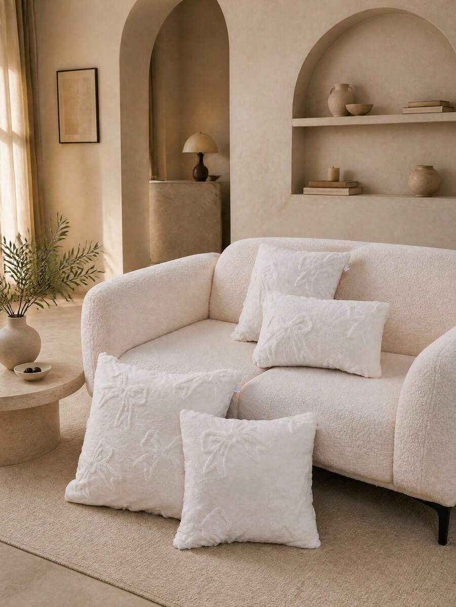 1pc White Bowknot Decor Faux Fur Pillow Case (Without Filling), Modern Flannel Plush Pillow Case, Zipper Closure, Suitable For Home, Sofa, Living Room, Soft Short Pile Grid Pattern Pillow Case, Modern Home Decor, Suitable For Bedroom, Dorm - White - View 1
