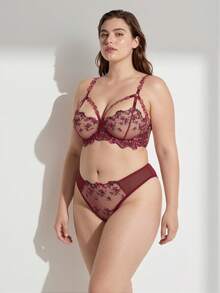 Rosiemei Conjunto de lingerie sexy plus size feminina com cobertura total, bordado floral bordô, fio dental sexy, peça íntima romântica para o Dia dos Namorados. - Vinho - Visão 2