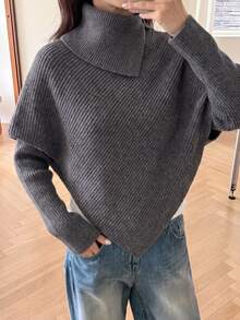 Sweater Rajut Longgar Wanita Warna Abu-abu dengan Kerah Asimetris Bergaris Diagonal dan Hem Asimetris, Atasan Rajut Desain Avant-Garde, Cocok untuk Pesta Fashion Gaya Jalanan - Dark Grey - View 5