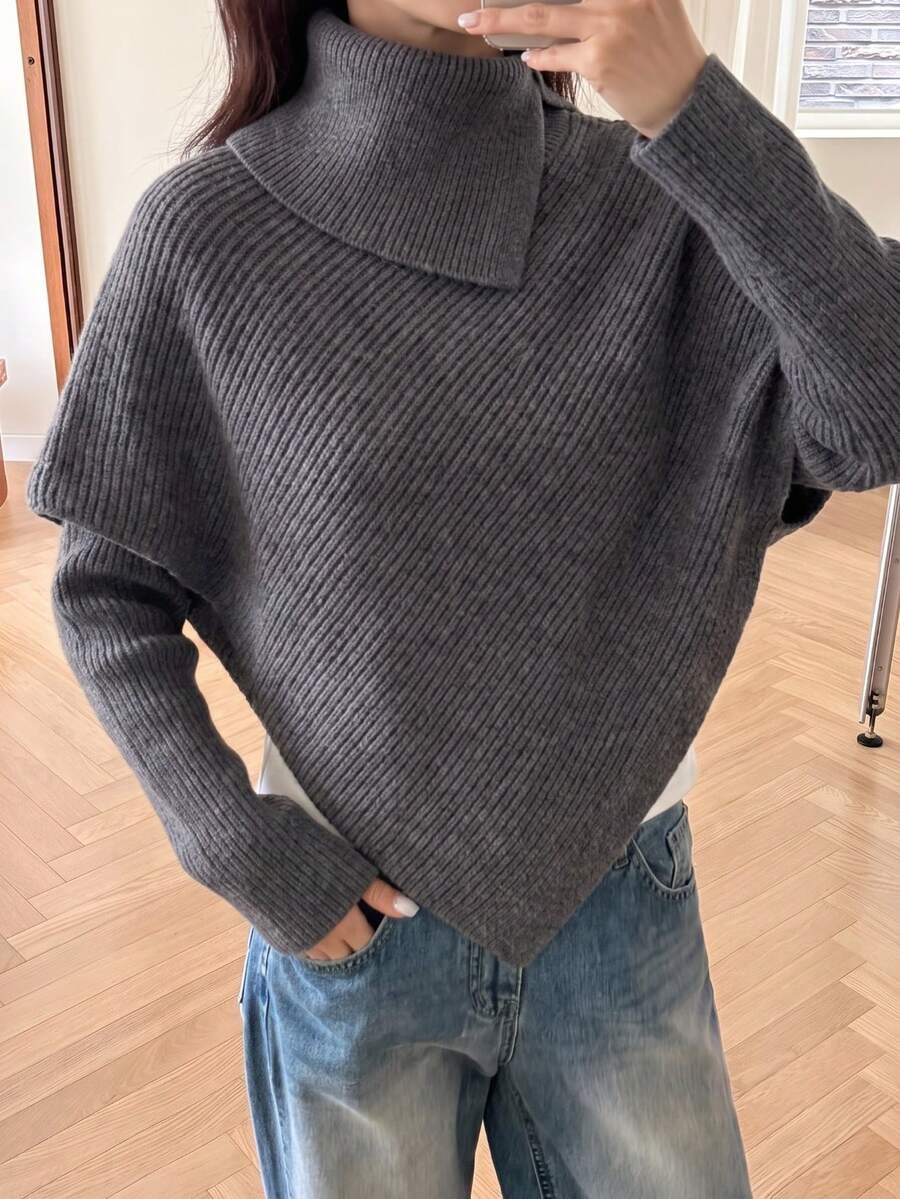 Women's Grey Diagonal Ribbed Asymmetric Collar Asymmetrical Hem Loose Knit Sweater, Avant-Garde Design Knit Top, Suitable For Street Style Fashion Party - Dark Grey - View 1
