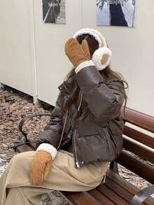 1pc Plush Earmuffs For Women, Winter Thickened Warm Ear Covers, Suede Patchwork Faux Rabbit Fur Ear Protectors, Foldable And Space-Saving, Windproof And Cold-Resistant For Cycling And Commuting, Student Anti-Freeze Ear Warmers - Yellow Earmuffs - View 4