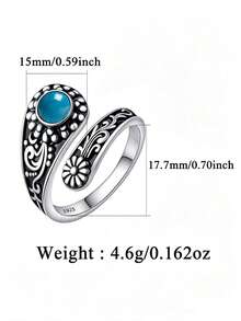 A Fashionable, Vintage And Elegant 925 Sterling Silver Ring With Faux Turquoise Floral Design, Suitable For Women To Wear At Parties, Banquets, Weddings, Holidays And Birthdays, Also Can Be Given As A Gift To Friends And Family - Antique Silver - View 4