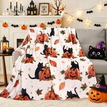 1pc Halloween Black Cat Jack Pumpkin Print Blanket, Autumn Maple Leaf Plush Throw Blanket, Living Room Holiday Decor Shawl Blanket - Multicolor - View 1