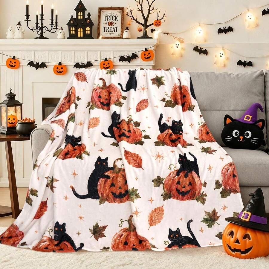 1pc Halloween Black Cat Jack Pumpkin Print Blanket, Autumn Maple Leaf Plush Throw Blanket, Living Room Holiday Decor Shawl Blanket - Multicolor - View 1