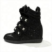 2026 New ISA Sneakers, Women's Vintage Casual Shoes With A Round Toe. Features A Hidden Heel For Extra Height. - 閃亮黑色鑽石 - 查看 2
