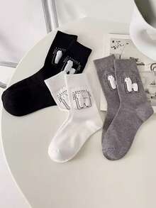3/6 Pairs Women's 3D Flocked Alpaca Mid-Calf Socks, Black White Gray Minimalist Cute Animal Socks, Suitable For Daily Sports Shoes Matching - Multicolor - View 9