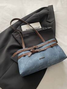 1pc Blue Large Capacity Contrast Color PU Tote Bag Women's Shoulder Bag - Blue - View 3