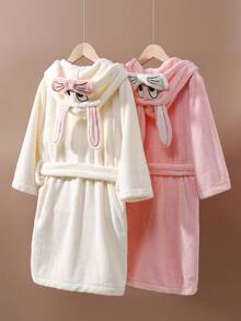 Bata de baño suave, absorbente y linda con diseño 3D de conejo para niñas preadolescentes, adecuada para primavera, otoño e invierno - Rosa - Ver 7