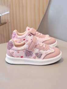 Sepatu Tenis Anak Perempuan Warna Pink dengan Hiasan Renda dan Rumbai, Motif Hati, Dekorasi Hati Berlian Imitasi, Tali Pengikat Kait & Velcro, Sol Karet Lembut Anti Selip, Sepatu Sneaker Kasual Anak yang Lucu - Berwarna merah muda - View 3