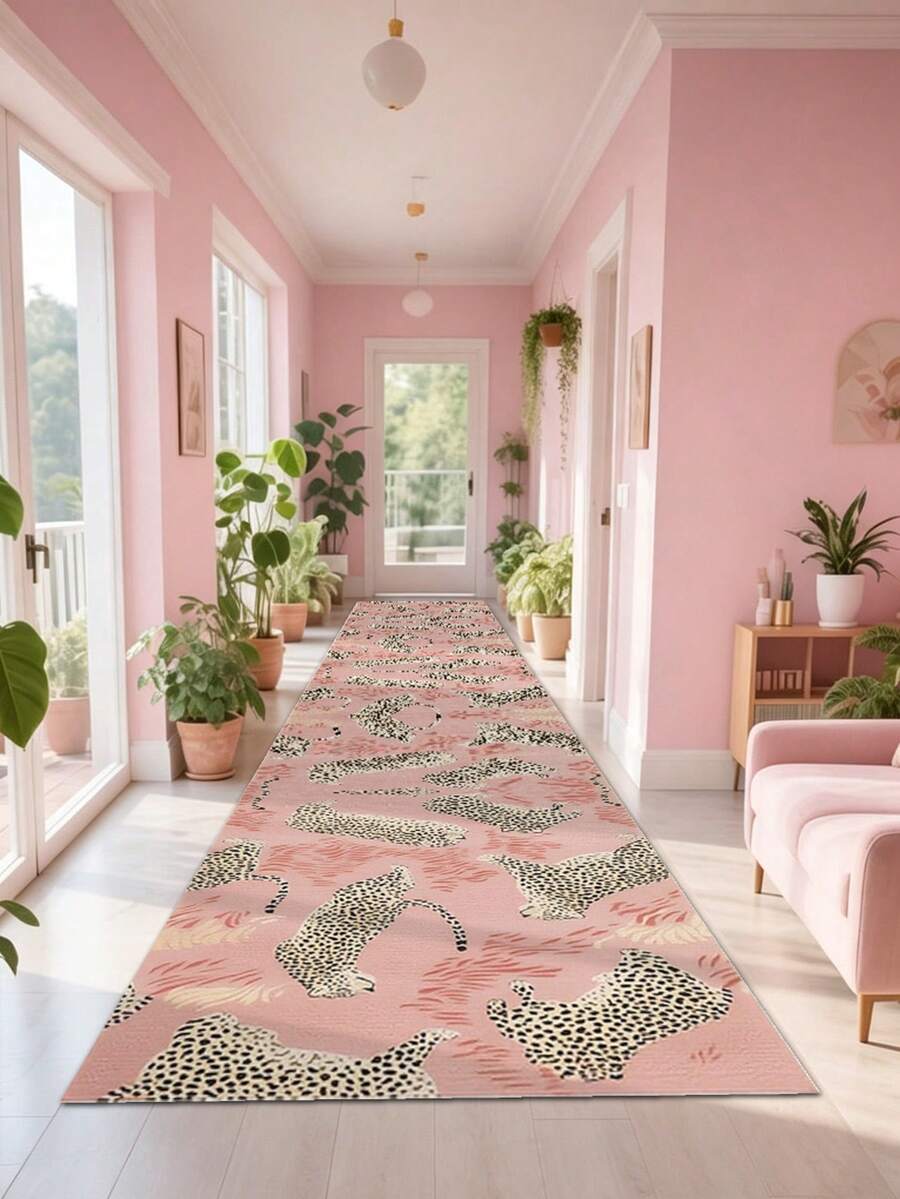 1pc Pink Leopard Print Long Runner Rug, Ins Style, Printed Hallway Carpet, Suitable For Living Room, Bedroom, Study, Office, Dressing Room, Vanity, Hallway, Porch, Patio, Corridor, Laundry Room, Modern Room Decor Rug, Runner Rug, Hallway Rug, Living Room Rug, Bedroom Rug, Bedside Rug, Bathroom Mat, Kitchen Mat, Room Entrance Door Mat, Home Decor Floor Mat, Durable - Pink - View 1