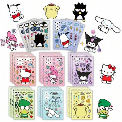 8pcs - Sanrio Officially Licensed, Toys, Stationery, Puzzles, Cartoon Stickers, DIY Crafts, Made Of Waterproof PVC Material, Reusable, Suitable As Office And School Gifts, Also As Home Gift Fillers, Patterns Include Kuromi, My Melody, Hello Kitty