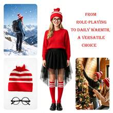 3pcs Party Dress‑Up Kit, Red White Striped Knit Hat, Black Round, Knee High Socks, Halloween Carnival Book Day Cosplay Accessories For Men Women,Halloween - Multicolor - View 2