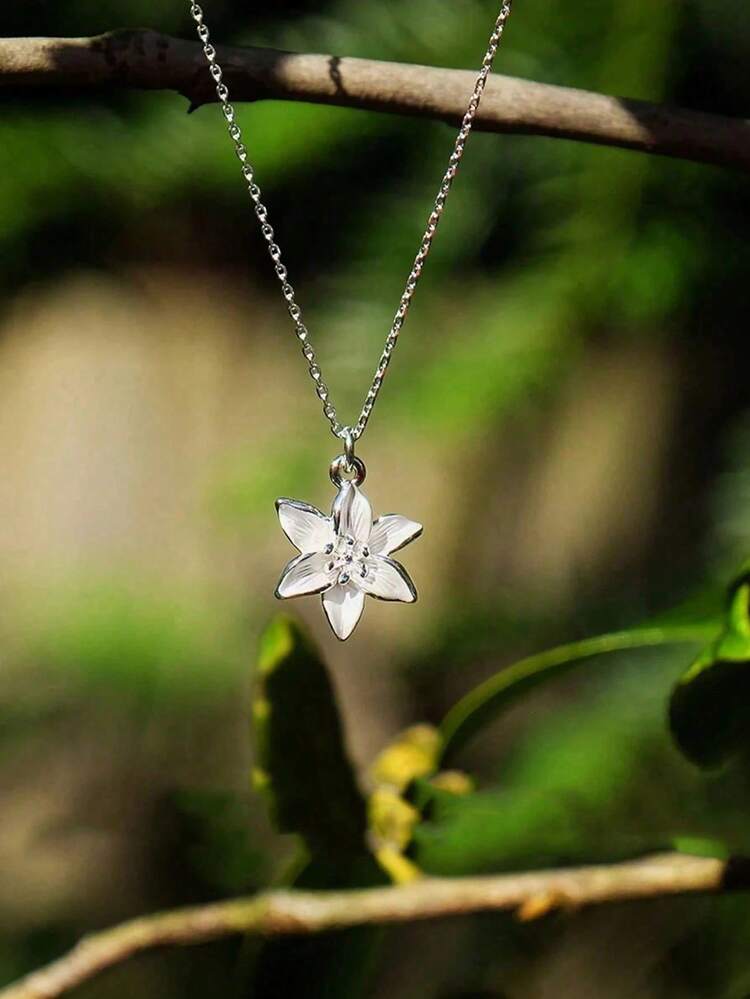 1件百合白花精緻銀色吊墜項鍊，花卉項鍊生日婚禮禮物 - 彩色 - 查看 5