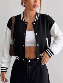 Teen Girls American Retro Black & White Colorblock Baseball Jacket, Autumn/Winter Short Knit Cardigan Coat - Black - View 4