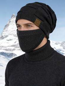 1 buah Balaclava Rajut Kabel Berlapisan Termal Unisex, Topi Pelindung Wajah Penuh Musim Dingin Lembut Elastis Tahan Angin dengan Dekorasi Patch Kulit - MultiWarna - View 2