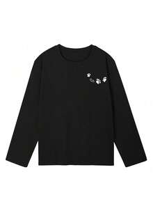 Women's Fashion Autumn/Winter Loose Minimalist Versatile Cat Paw Cartoon Print Long Sleeve T-Shirt - Black - View 7