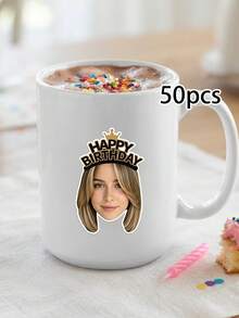 10/25/50pcs Customized Happy Birthday Crown Face Stickers, Personalized Photo Die-Cut Birthday Headband Face Stickers, Custom Photo Portrait Stickers, Girl Birthday Party Favors Cake Box Envelope Seal Decoration - Multicolor - View 12