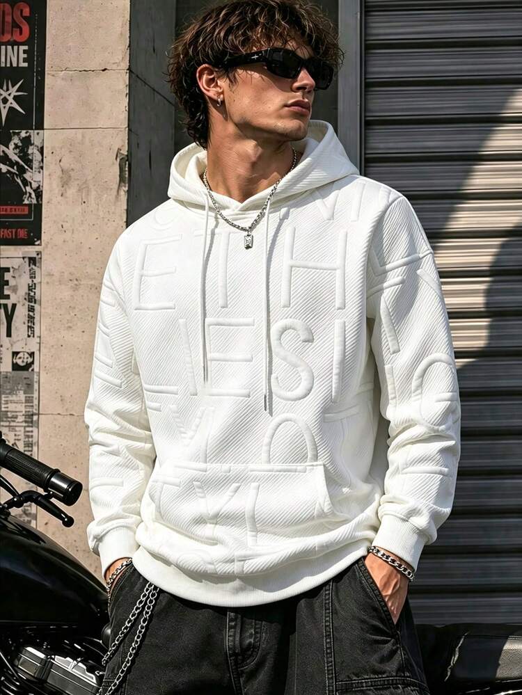 Sweatshirt Pria Lengan Panjang Berkerudung Kasual Motif Huruf Jacquard Warna Polos Musim Semi/Gugur, Dilengkapi Tali Serut dan Kantong Kanguru, Cocok untuk Pakaian Sehari-hari - Putih - View 2