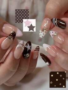 24pcs Y2K Maillard Sweet Cool Press-On Nails, Almond Shape Nude Color Fake Nails, Coffee Brown Star, Polka Dot, Plaid, Stripe And French Tip, Shiny Rhinestone Embellished Reusable Adhesive Fake Nails, Suitable For Daily Wear, Date And Party - Multicolor - View 8