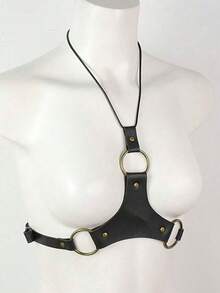 1件女款黑色龐克風倒Y型PU皮革細肩帶胸部束帶身體飾品，適合音樂節、派對、演唱會與表演 - 黑色 - 查看 4