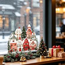 1pc Winter Snowscape Town Christmas Window Decorations, European-Style Snowy Cottage Pine Tree Glass Decals, Reusable, Suitable For Living Room And Store Window Decoration - Multicolor - View 6
