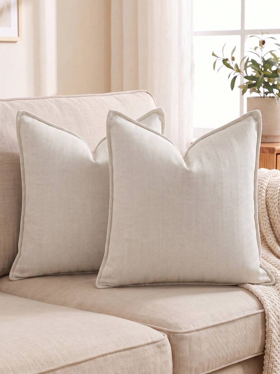 1 件白色(无填充物)鱼骨纹理边缘靠垫套,现代奢华柔软雪尼尔边缘装饰枕套,适用于沙发、床、卧室、办公室、酒店、装饰、所有季节 - 白色 - 查看 1