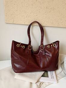 Women's Tote Bag, Vintage Faux Leather Shoulder Bag, Adjustable Strap, Gold Hardware, Large Capacity, Suitable For Commuting, Daily Shopping, Burgundy Red - Burgundy - View 8