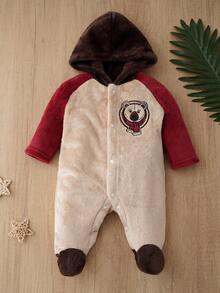 Autumn/Winter Plush Baby Hooded Footed Romper, Bear Embroidery Colorblock Raglan Sleeve Thickened Warm Crawler Suit - Brown - View 11