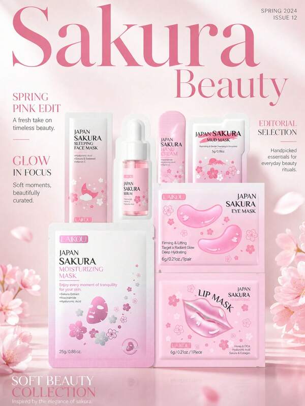 7-Piece LAIKOU Japan Cherry Blossom Skincare Set, Includes Brightening Travel Sleep Mask, Hand Cream, Moisturizing Mud Mask, Anti-Wrinkle Essence, Lip Mask, Eye Mask. Ideal Gift For Women, Mothers, Wives, Sisters, Teens, Girlfriends. Suitable For Daily Care, Makeup And Skincare.